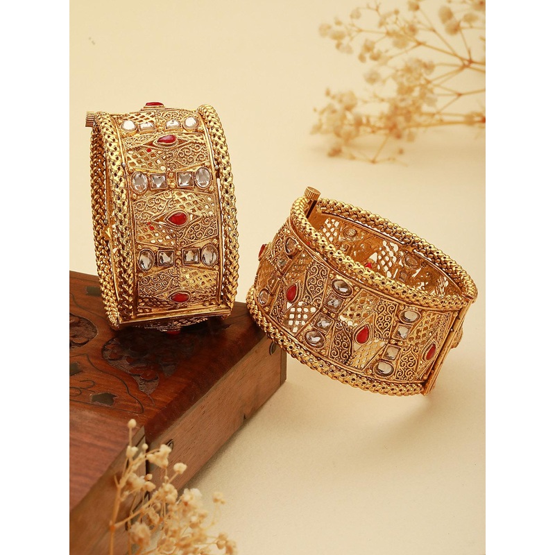 Saraf RS Jewellery Set of 2 Gold-Plated Red & Beige Stone Studded Handcrafted Bangle