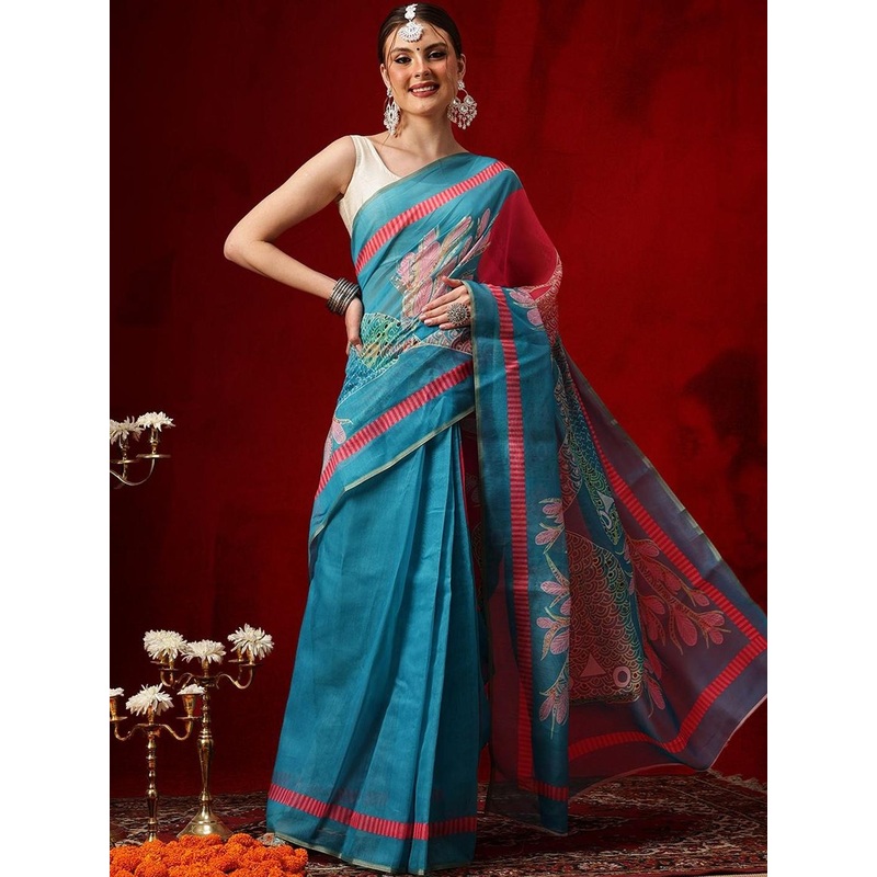 Silk Land Ethnic Motifs Printed Zari Chanderi Ready To Wear Saree With Pocket