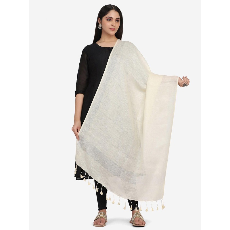THE WEAVE TRAVELLER Beige Linen Dupatta with Zari