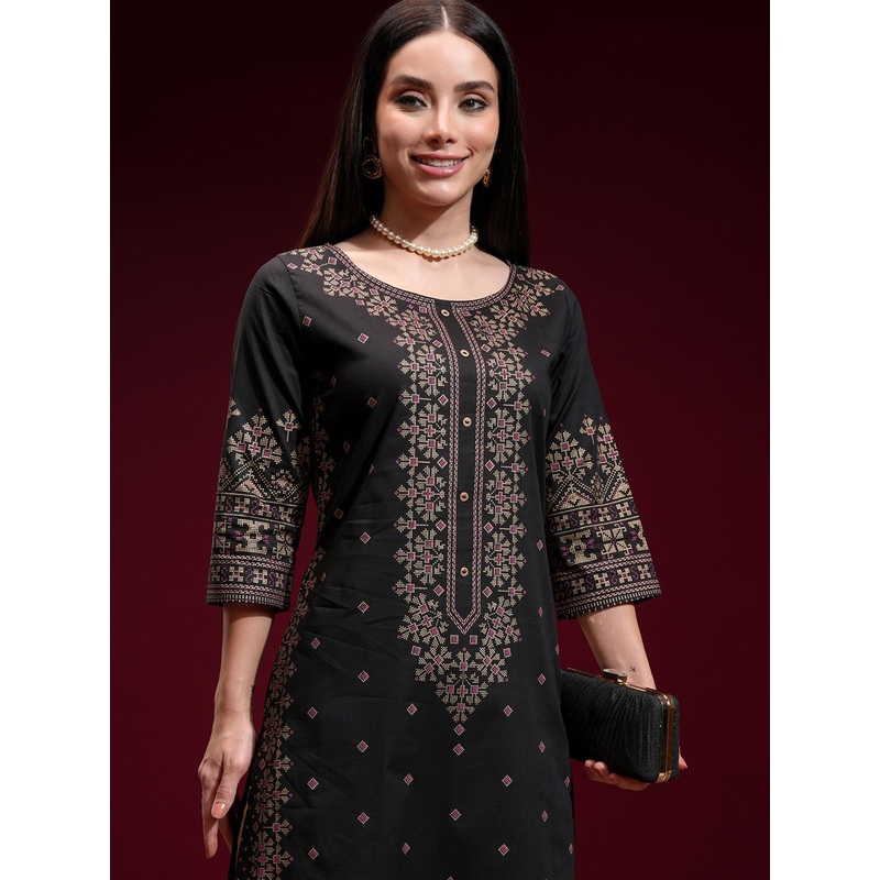 Vishudh Women Black & Golden Printed Straight Kurta