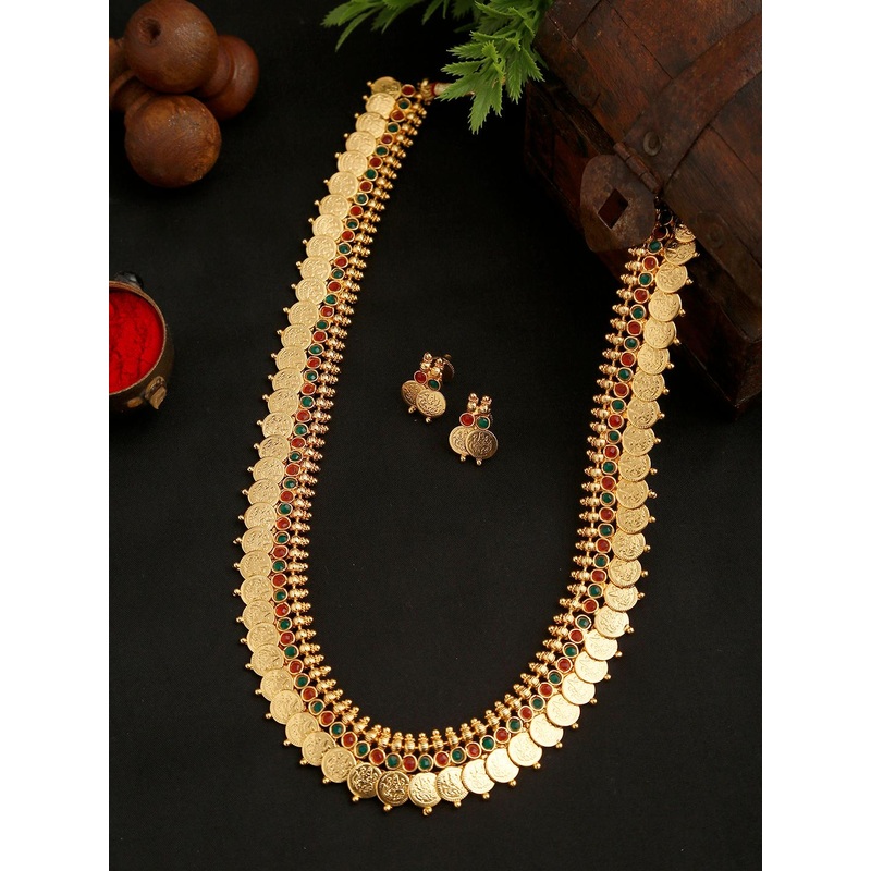 YouBella Green & Magenta Gold-Plated Stone Studded Goddess Laxmi Jewellery Set