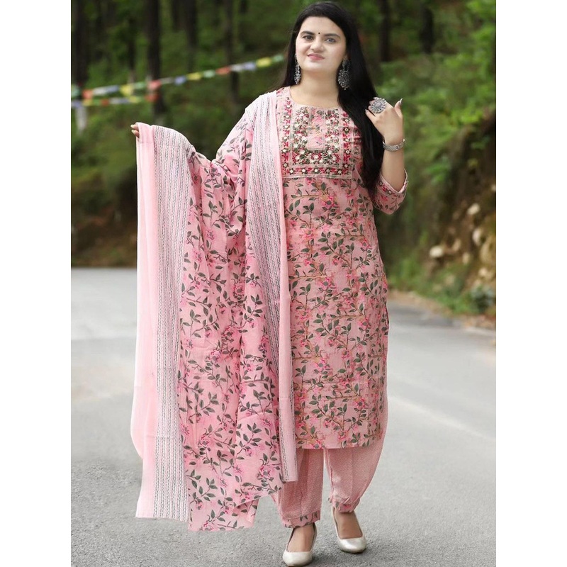 YUSRA Floral Printed Round Neck Straight Kurta With Trousers & Dupatta