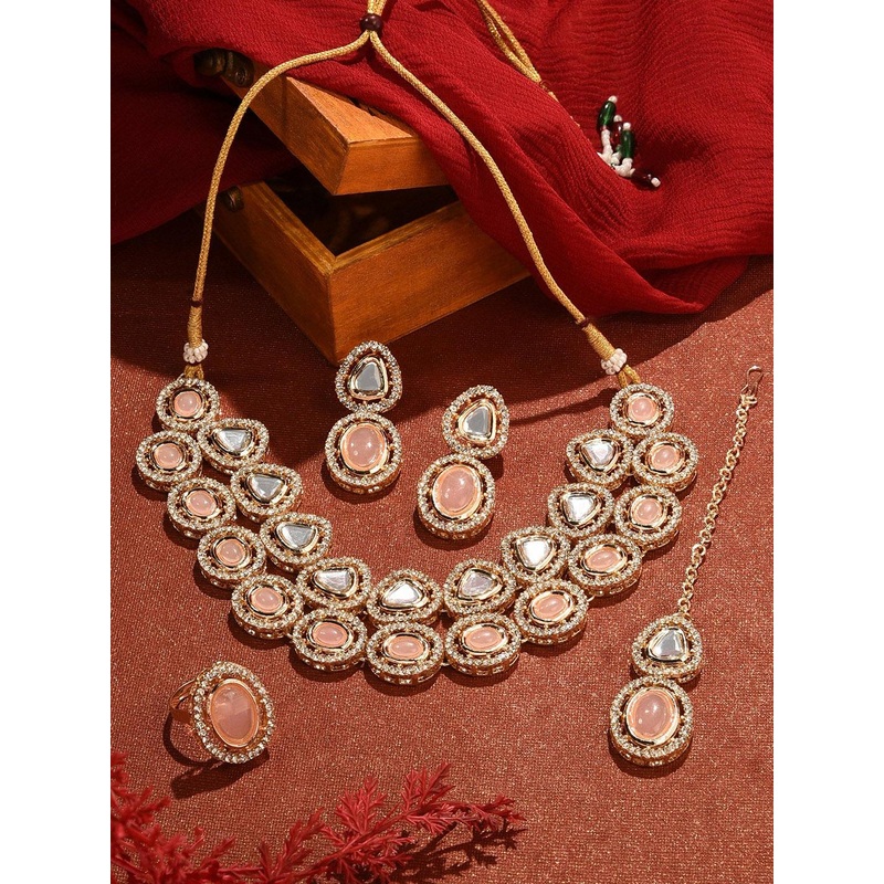 Zaveri Pearls Gold-Plated Double Layered Stones & AD Studded Jewellery Set