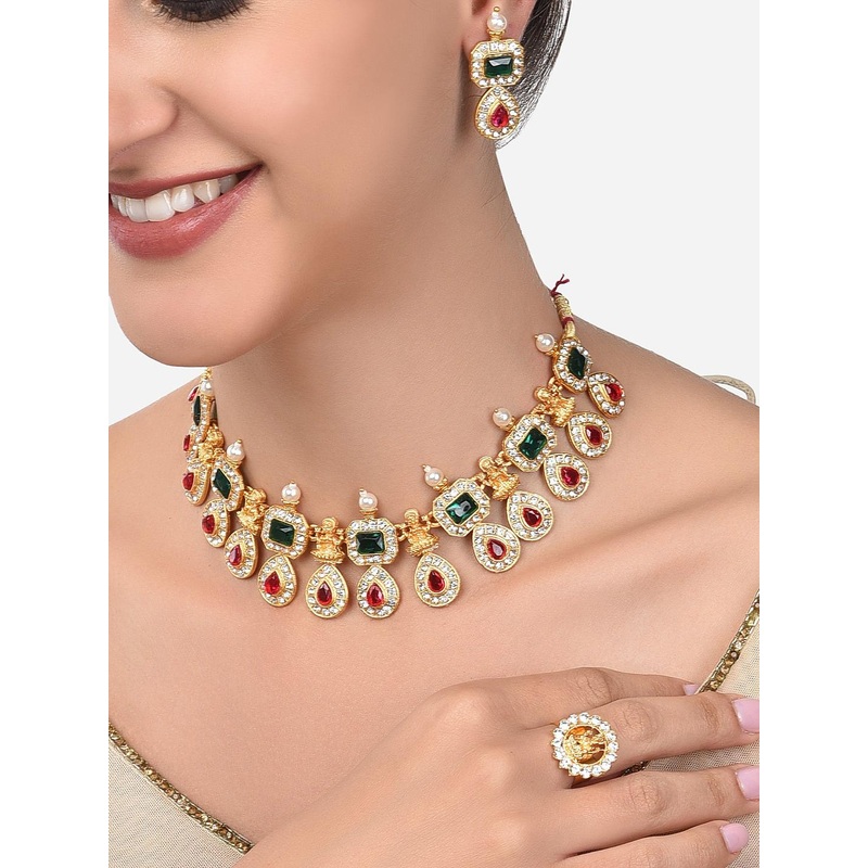 Zaveri Pearls Gold-Plated Pink & Green Stone Studded Jewellery Set