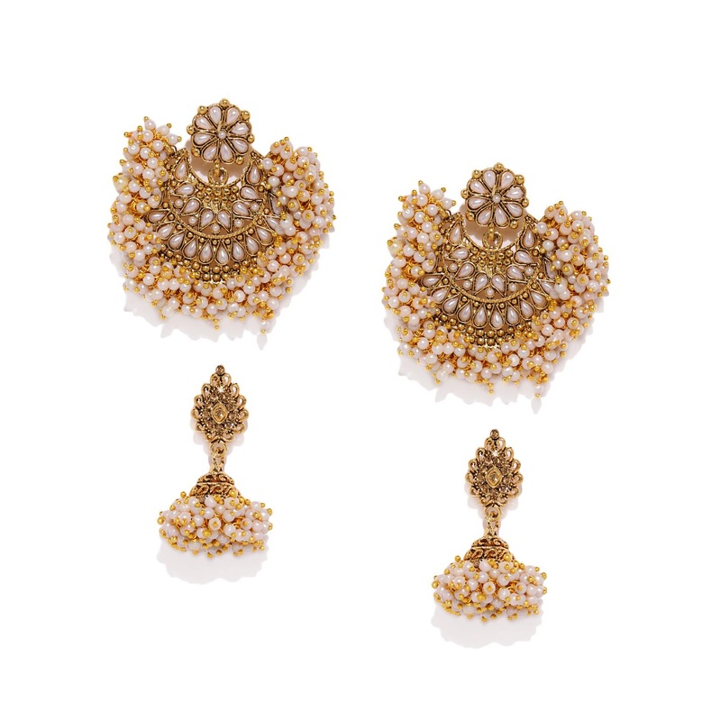 Zaveri Pearls Set Of 2 Gold-Plated Pearls Cluster Studded Earrings
