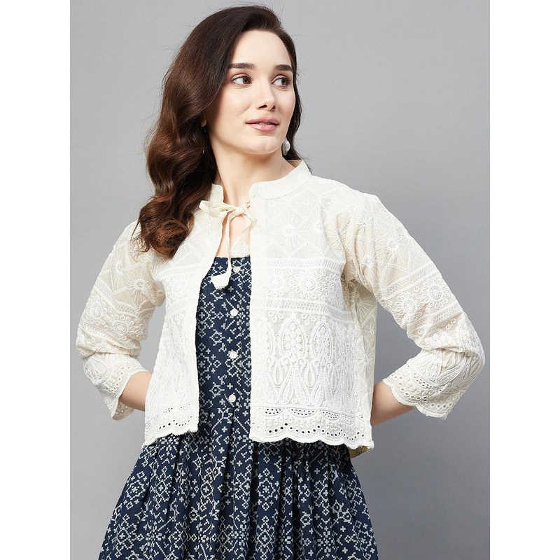 Aarika Women Off White Embroidered Crop Open Front Jacket