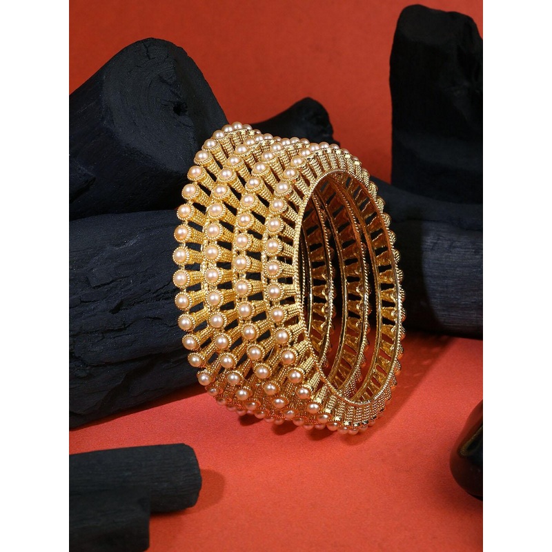 Adwitiya Collection Set Of 4 Gold-Plated & Pearl-Studded Bangles