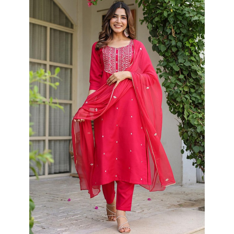 GoSriKi Women Ethnic Motifs Embroidered Regular Kurta with Trousers &  Dupatta