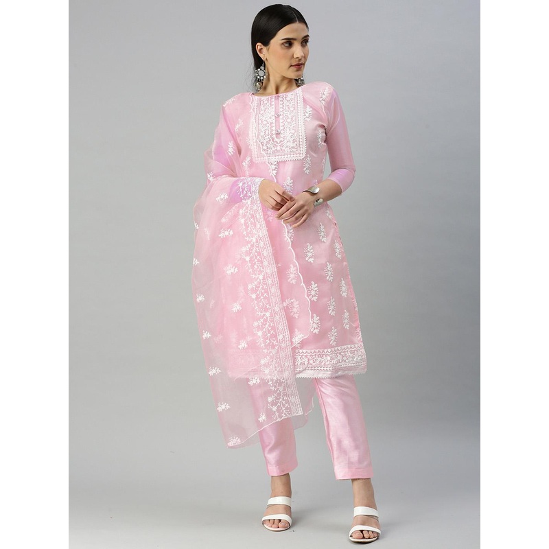 HERE&NOW Floral Embroidered Thread Work Organza Unstitched Dress Material