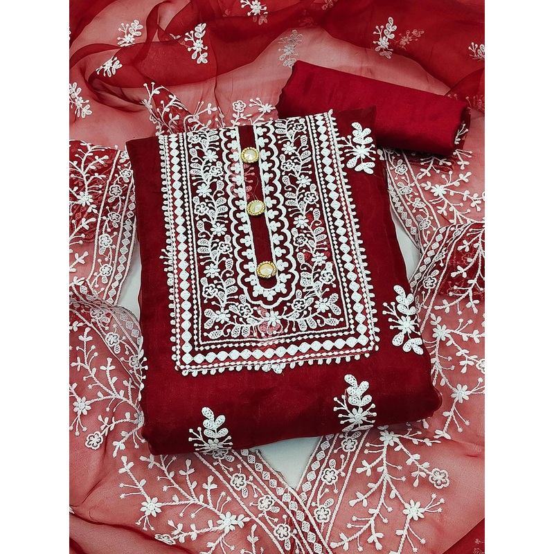 HERE&NOW Floral Embroidered Zari Organza Unstitched Dress Material