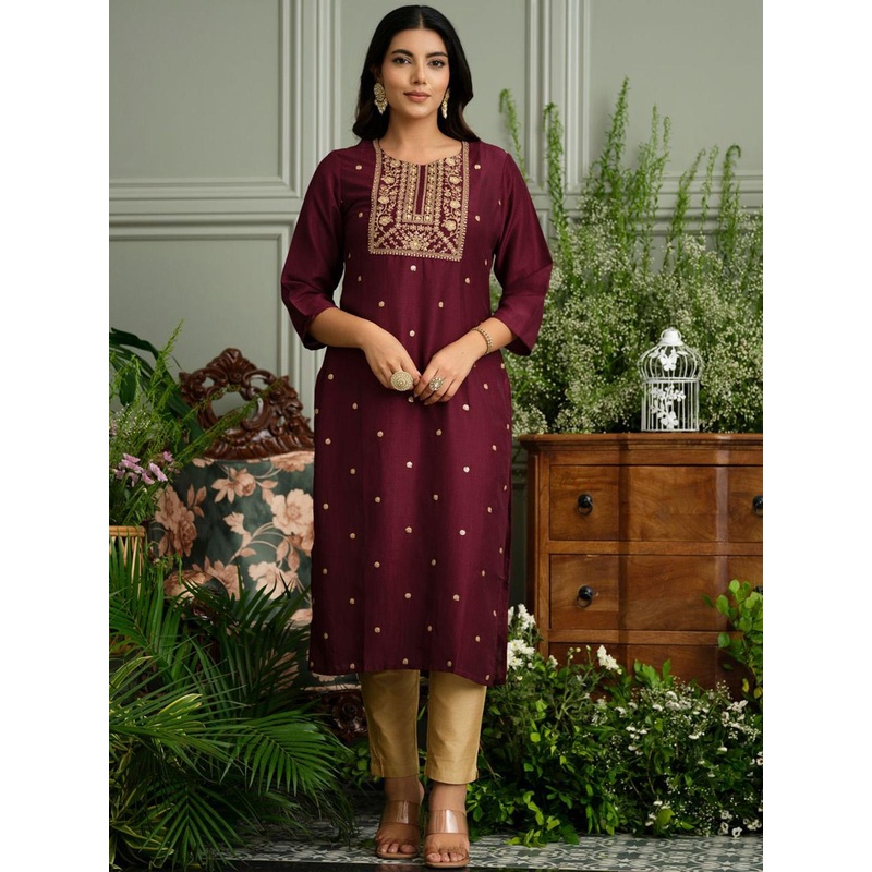 House of Pataudi Floral Embroidered Round Neck Sequinned Raw Silk Kurta