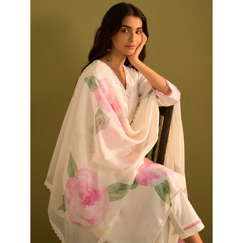 Indo Era Women Floral Printed Regular Sequinned Linen Kurta with Trousers & With Dupatta