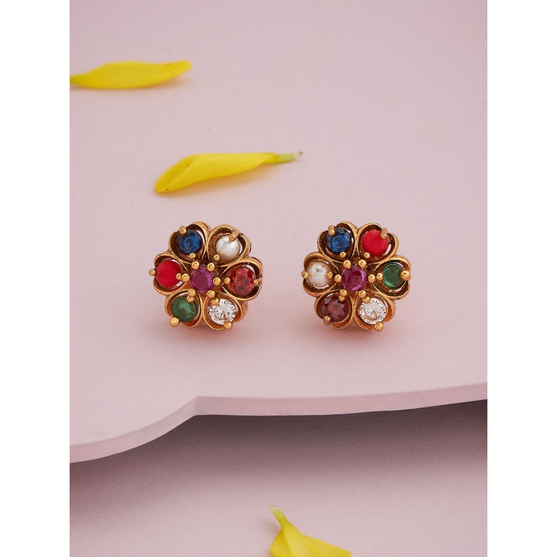 Kushal’s Fashion Jewellery Navaratna Gold-Plated Stone Studded Floral Shaped Antique Studs
