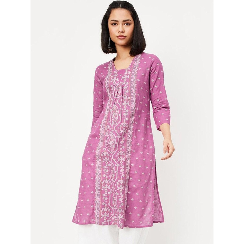 max Ethnic Motifs Woven Design Pleated V-Neck Straight Kurta