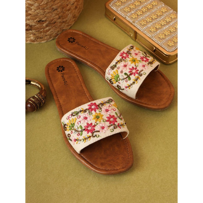 Pairs4U Women Fabric Embellished Ethnic Open Toe Flats