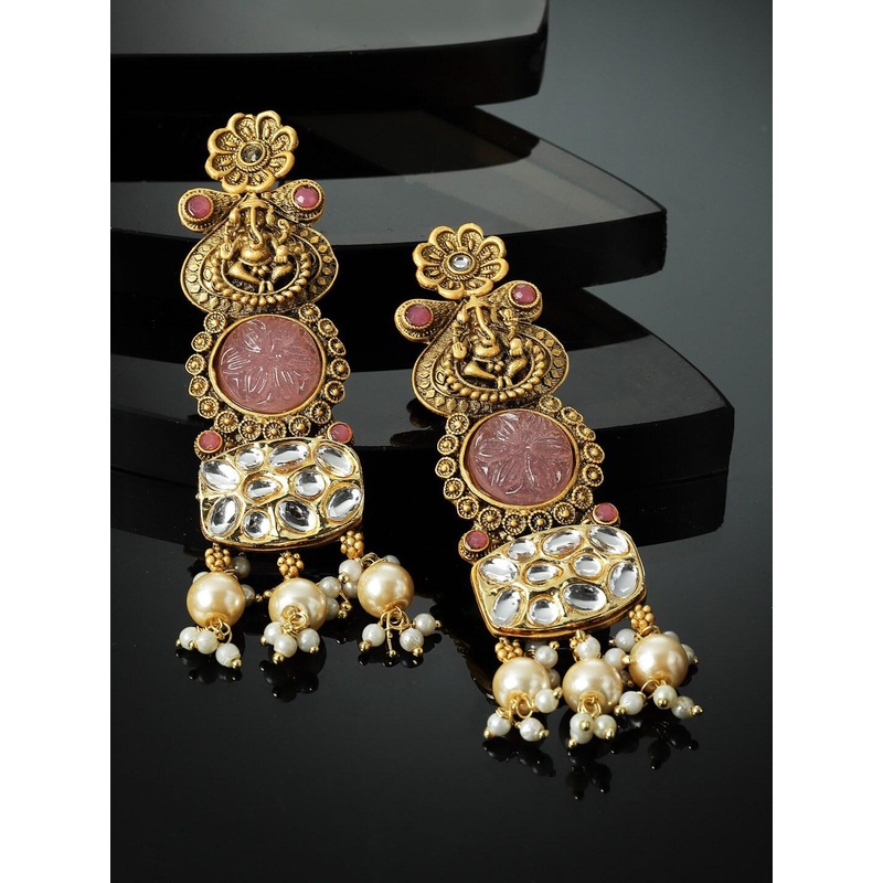 PANASH Gold Plated Kundan Studded & Beaded Drop Earrings