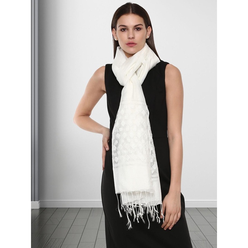 Rhe-Ana Off White Ethnic Motifs Checked Dupatta