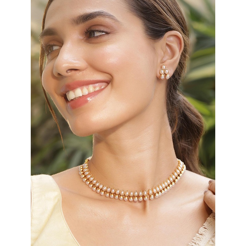 Rubans 18K Gold Plated White Pearl Beaded Contemporary Handcrafted Choker Necklace Set