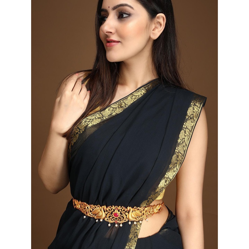 Rubans 24K Gold Plated Ruby with Peacock Motif Waist Chain Kamarbandh with Pearls Drop