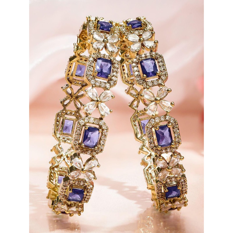 Rubans Set of 2 18K Gold-Plated Purple & White Zirconia Studded Floral Design Bangles