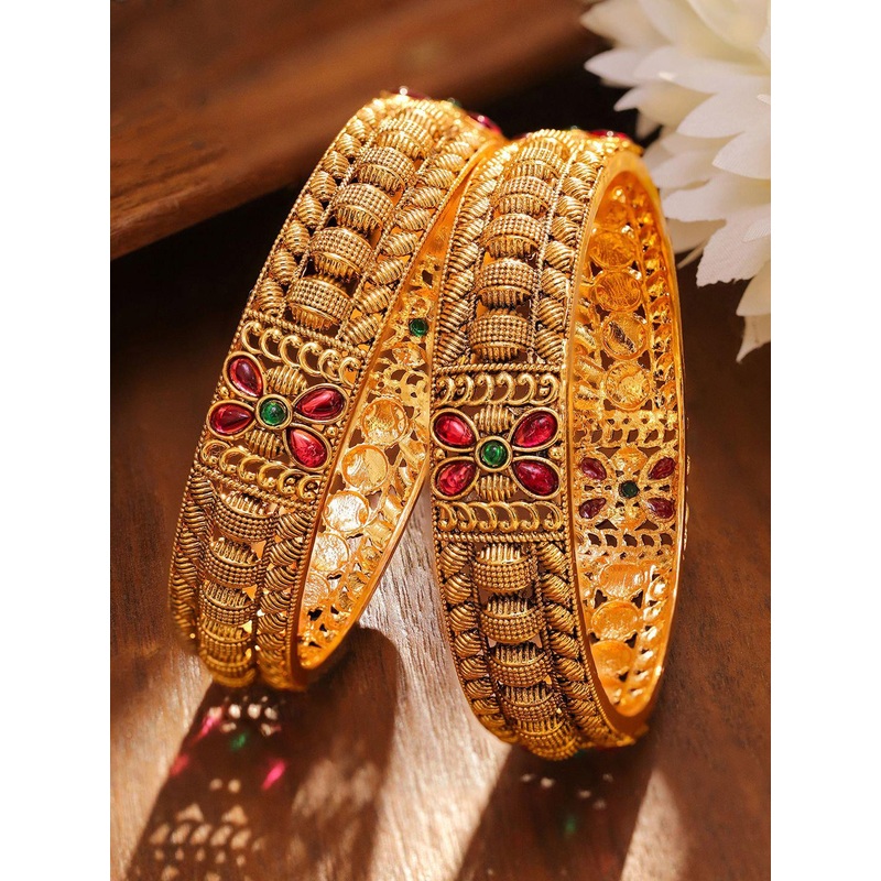 Rubans Set of 2 18K Gold-Plated Ruby Pink & Emerald Green Studded Floral Design Bangles