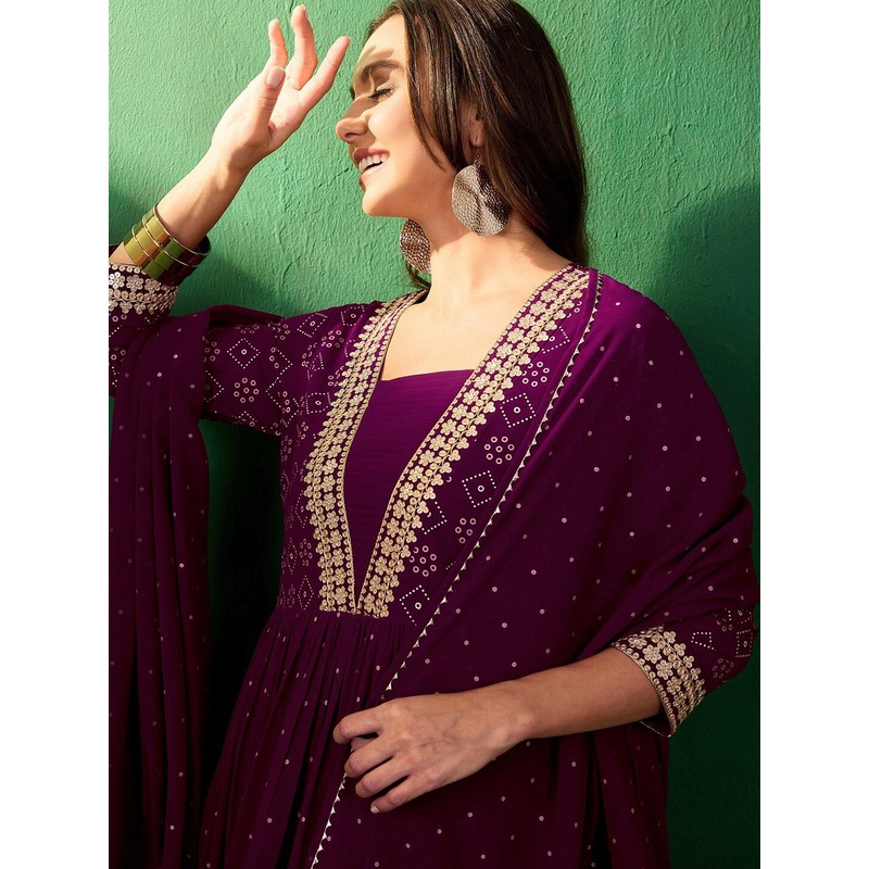 Sangria Bandahni Printed Embroidered Anarkali Kurta & Trousers With Dupatta