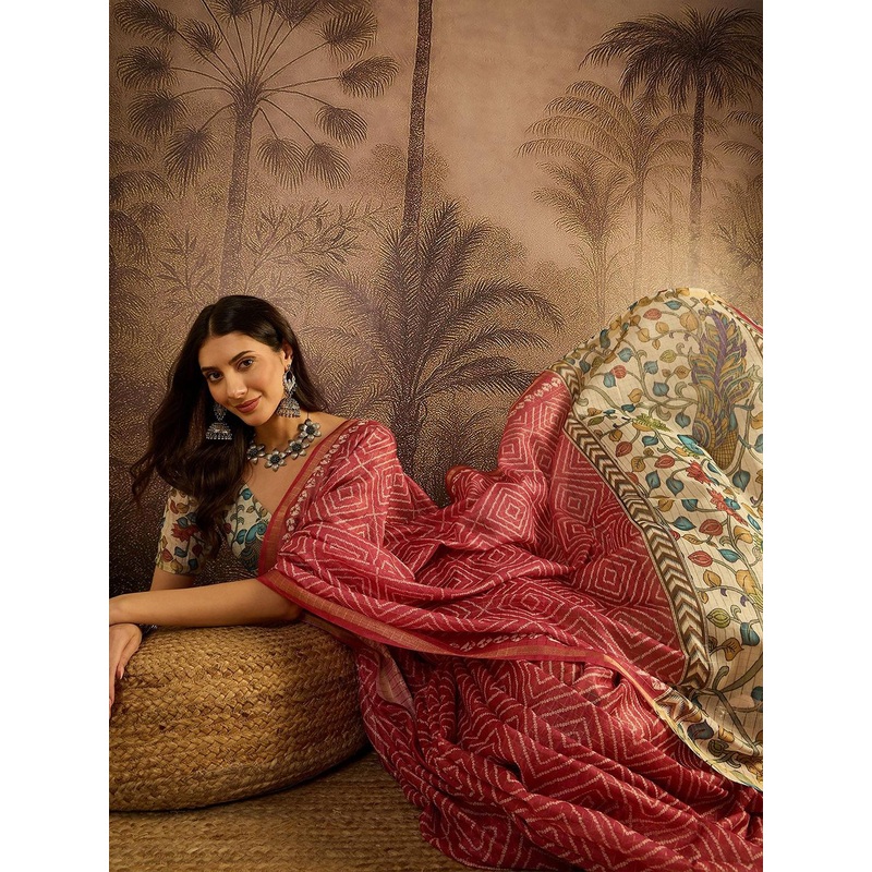 Sangria Bandhani Printed Saree with Unstitched Blouse