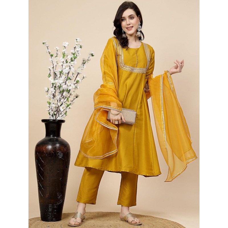 Sangria Burgundy Yoke Design A-Line Kurta And Trousers With Dupatta