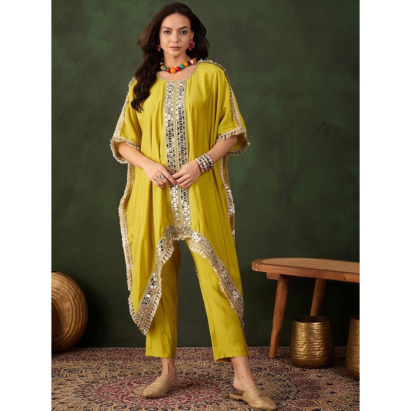 Sangria Yellow Geometric Embroidered Mirror Work Kaftan Kurta With Trousers