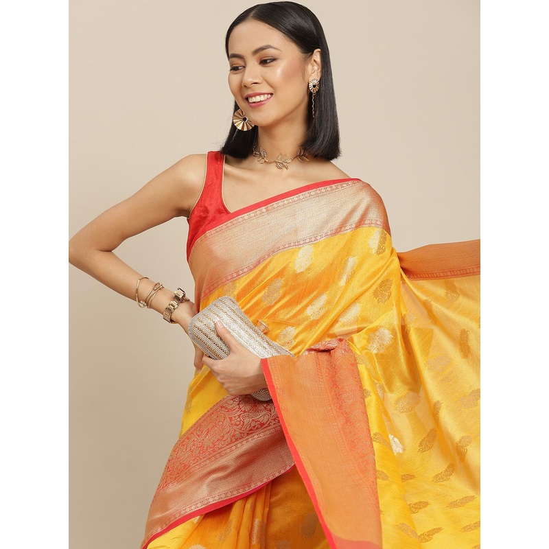 Silk Land Yellow & Red Ethnic Motifs Zari Kanjeevaram Saree