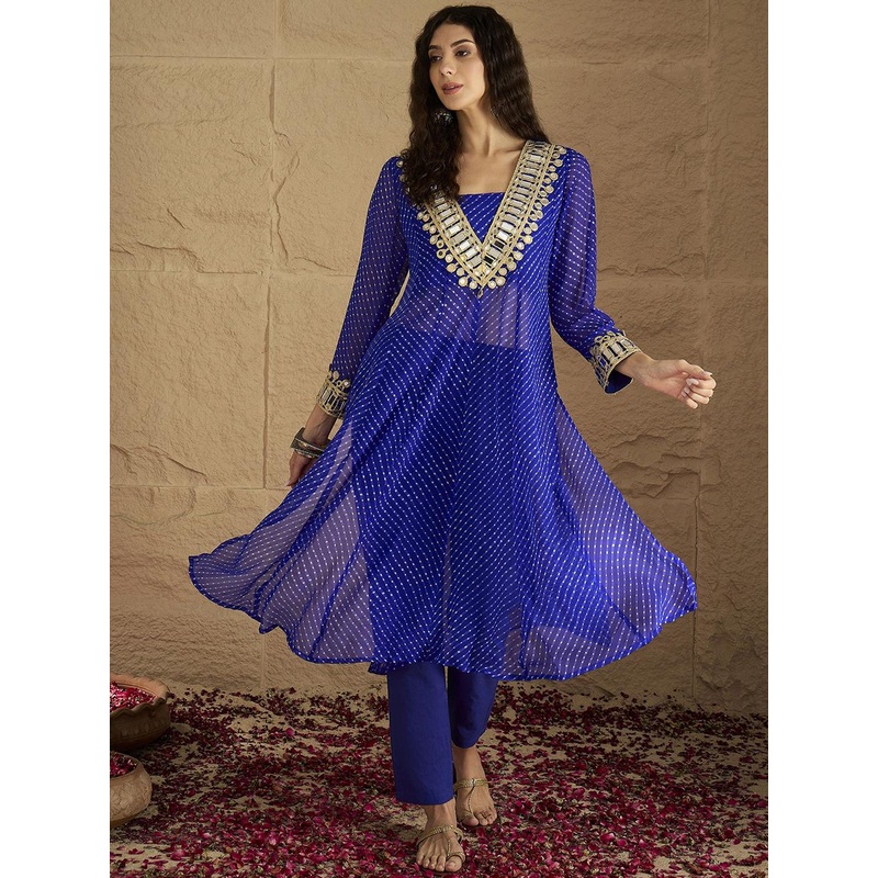 Varanga Bandhani Printed V-Neck Mirror Work Georgette Kurta with Trousers