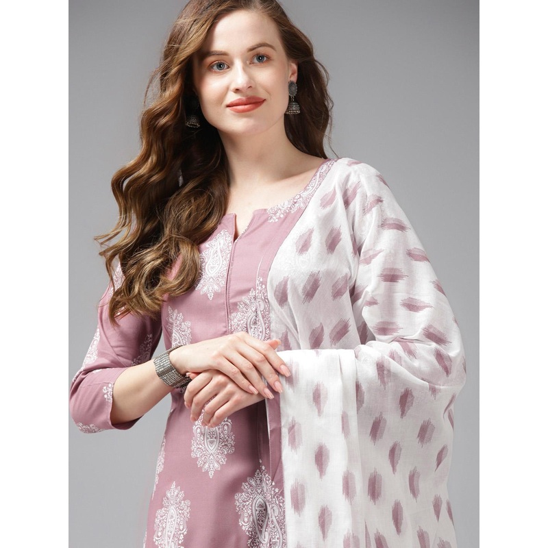 Yufta Women Mauve Ethnic Motifs Printed Regular Kurta with Palazzos & With Dupatta