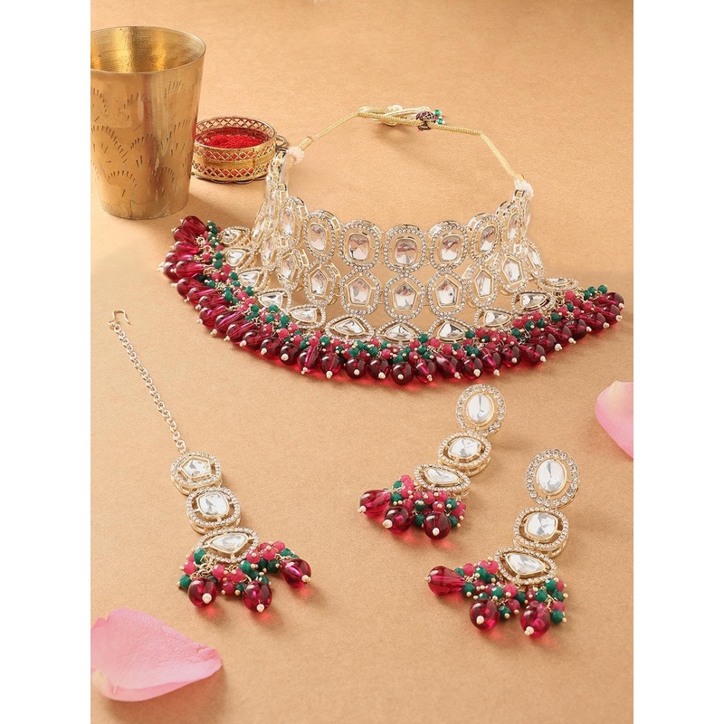 Zaveri Pearls Gold Plated Crystal Studded & Beaded Jewellery Set