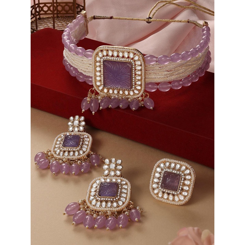 Zaveri Pearls Gold Plated Kundan Stone Studded & Beaded Jewellery Set