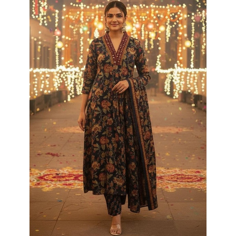 Aaghnya Floral Printed V-Neck Panelled Anarkali Kurta With Trousers & Dupatta