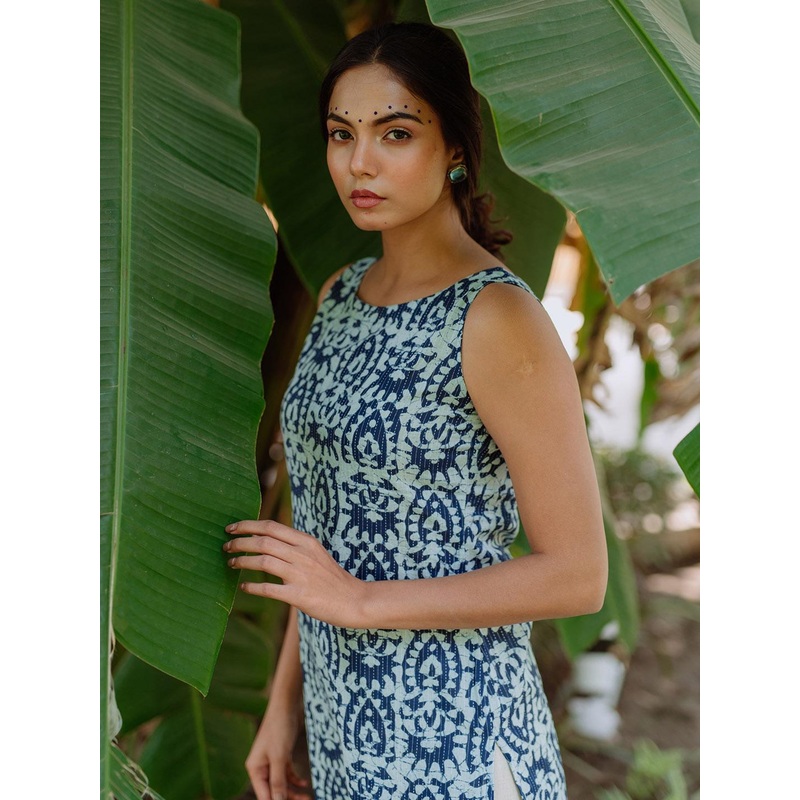 anayna Women Navy Blue & White Printed Straight Kurta