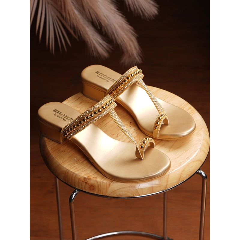 Anouk Gold-Toned Embellished One Toe Block Heels
