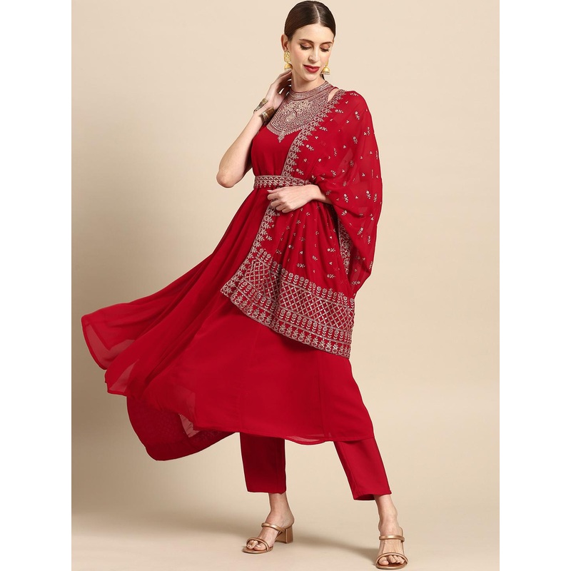 Anouk Women Red Ethnic Motifs Embroidered Kurta with Trousers & Dupatta