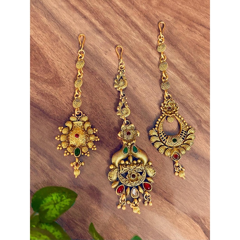 ATIBELLE Set Of 3 Gold-Plated Stone Studded & Beaded Maang Tikka
