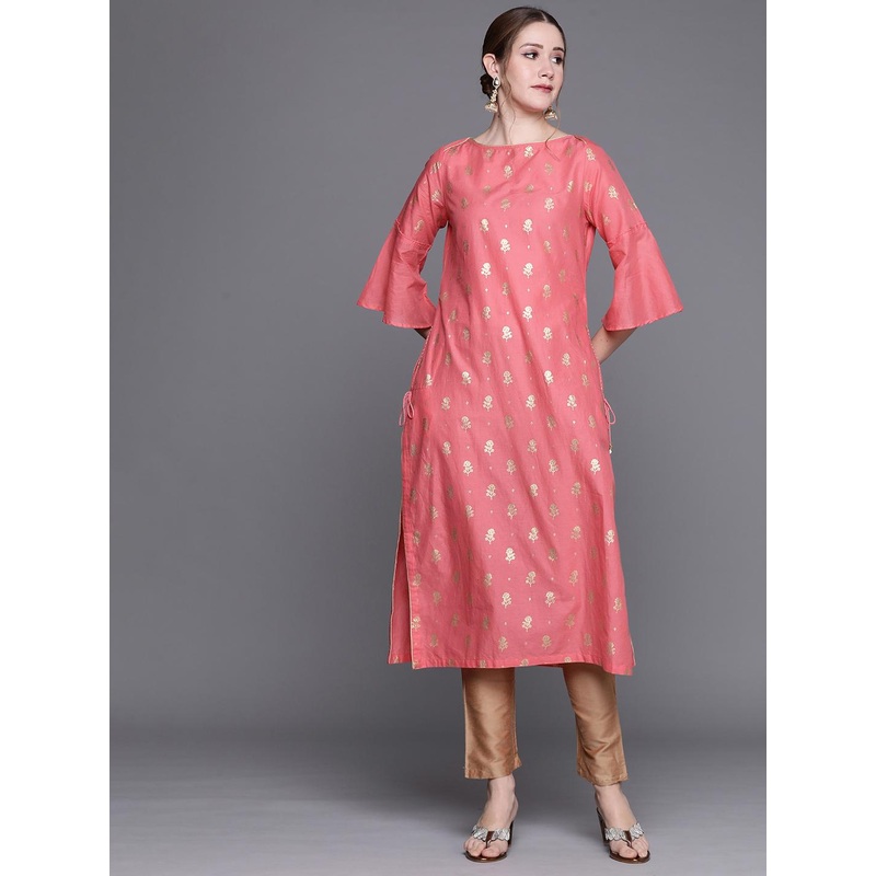 Biba Women Pink & Golden Pure Cotton Ethnic Motifs Printed Bell Sleeves Kurta