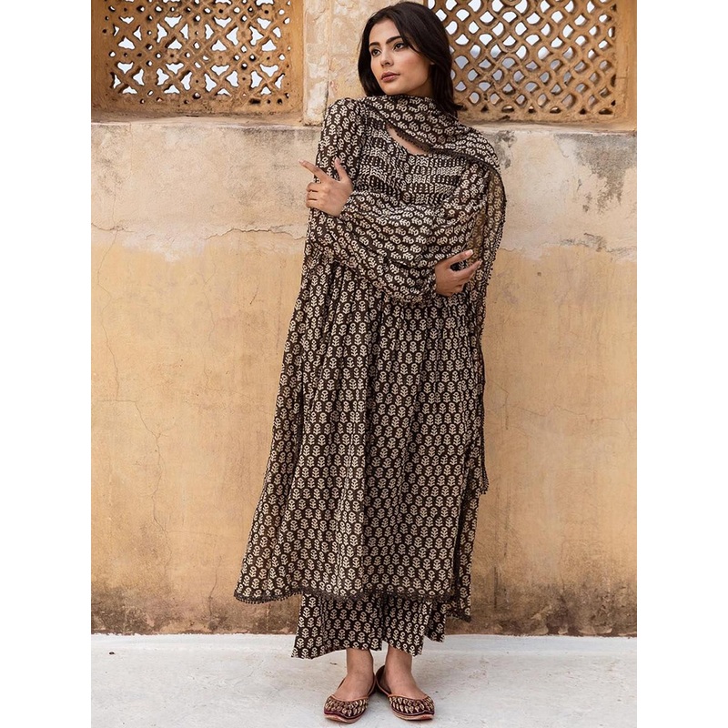 GoSriKi Women Ethnic Motifs Printed A-Line Kurta with Palazzo & Dupatta