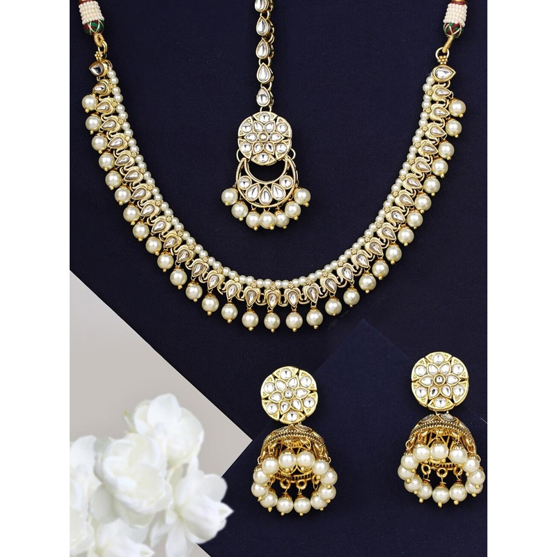Priyaasi Gold-Plated & White Pearl Embellished Handcrafted Jewellery Set