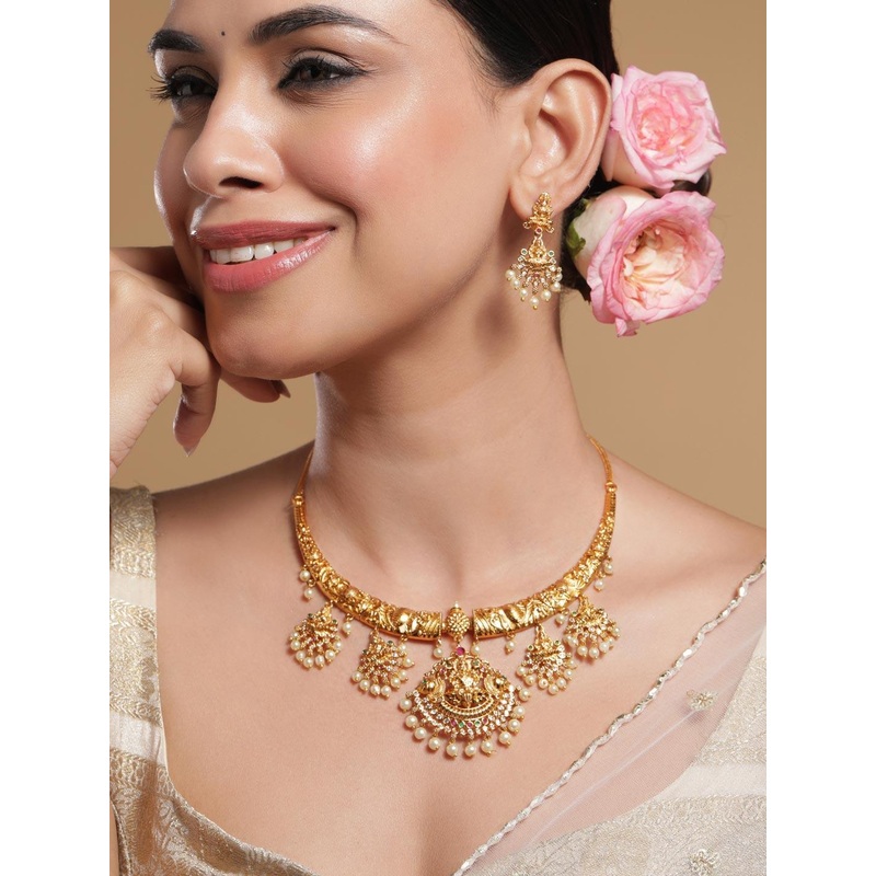 Rubans 22KT Gold-Plated Kundan Studded & Pearls Beaded Lakshmi God Jewellery Set