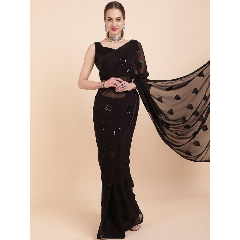 Sangria Black Embellished Sequinned Pure Georgette Saree