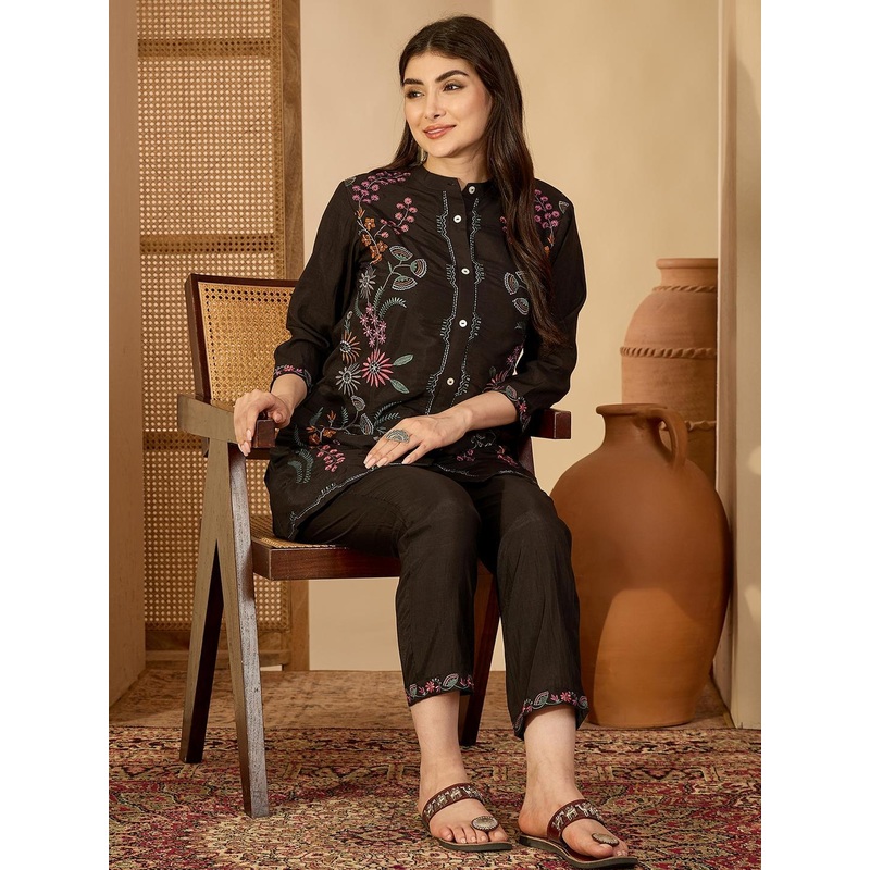 Sangria Black Embroidered Shirt Style Top with Straight Fit Trouser