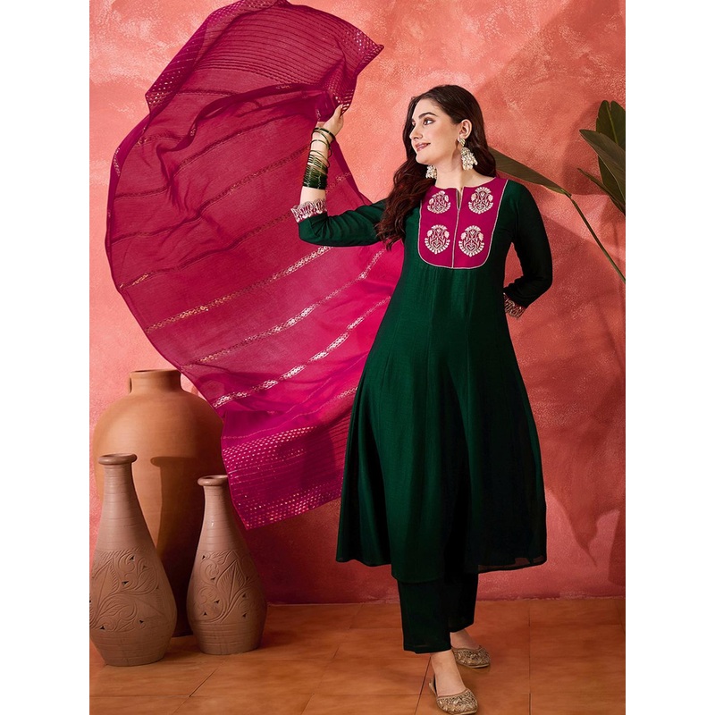 Sangria Zari Sequence Thread Embroidery Kurta With Trousers & Dupatta