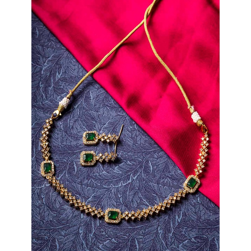 StileAdda Women Gold-Plated Green American Diamond Studded Jewellery Set