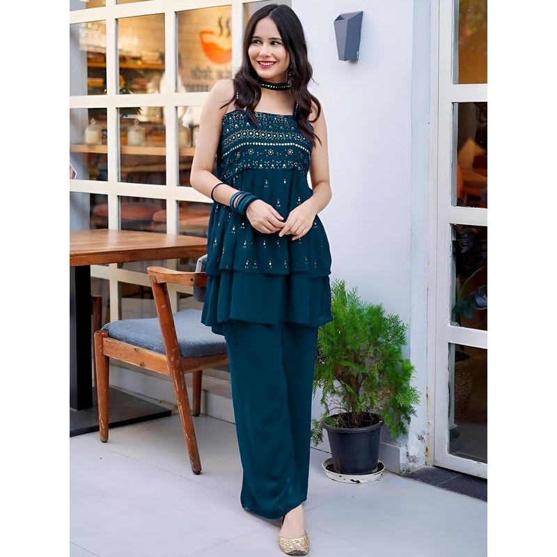 Teal Embroidered A-Line Kurta with Palazzos and Dupatta
