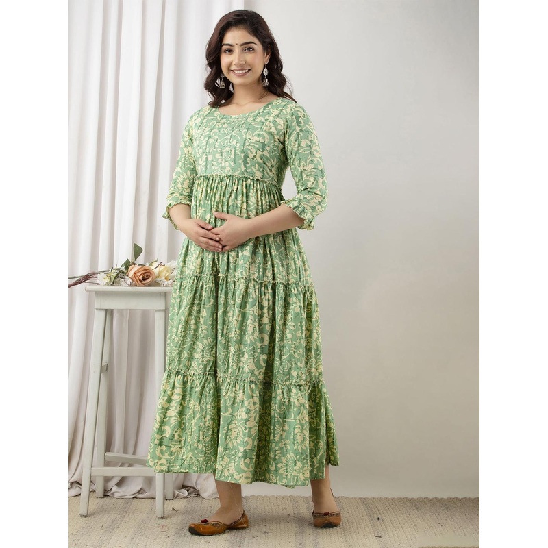 VARICOS Floral Printed Tiered Pure Cotton A-Line Maternity Dress