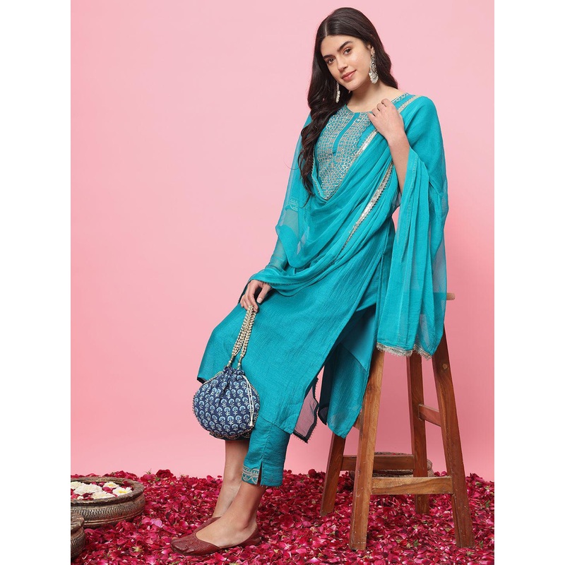 VredeVogel Women Floral Embroidered Regular Kurta with Trousers &  Dupatta